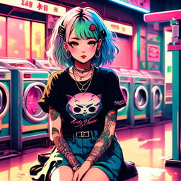 Anime art of an exceptionally beautiful grunge girl with face tattoos sitting in a vintage laundromat against a hyper-vibrant neon Tokyo backdrop.