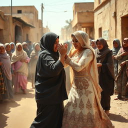 a dramatic scene on a village street in Egypt where two women wearing hijabs are engaged in a spirited wrestling match