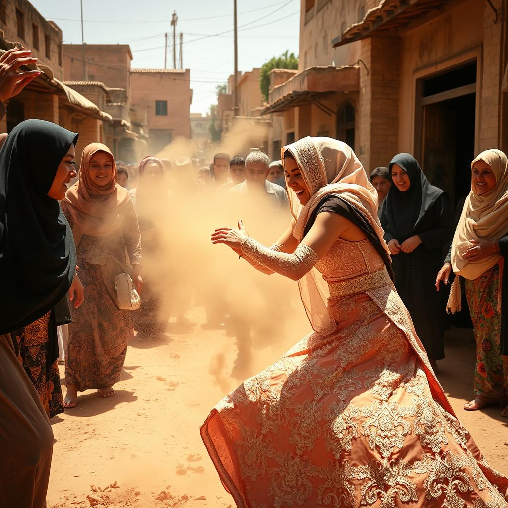 a dramatic scene on a village street in Egypt where two women wearing hijabs are engaged in a spirited wrestling match