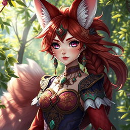 A visually stunning daemon fox girl in high resolution, standing amidst a vibrant, enchanted forest