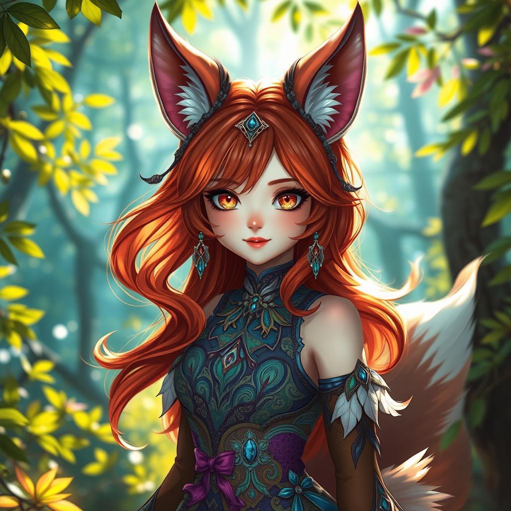 A visually stunning daemon fox girl in high resolution, standing amidst a vibrant, enchanted forest