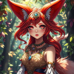 A visually stunning daemon fox girl in high resolution, standing amidst a vibrant, enchanted forest