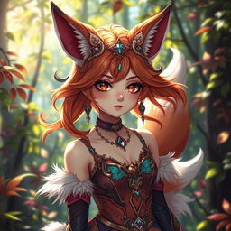 A visually stunning daemon fox girl in high resolution, standing amidst a vibrant, enchanted forest