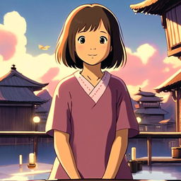 Profile picture featuring Chihiro from 'Spirited Away' with the magical bathhouse in the background under a twilight sky.