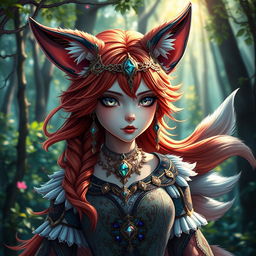 A visually captivating daemon fox girl in high resolution, set in a mystical, enchanted forest