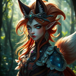 A visually captivating daemon fox girl in high resolution, set in a mystical, enchanted forest