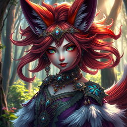 A visually captivating daemon fox girl in high resolution, set in a mystical, enchanted forest