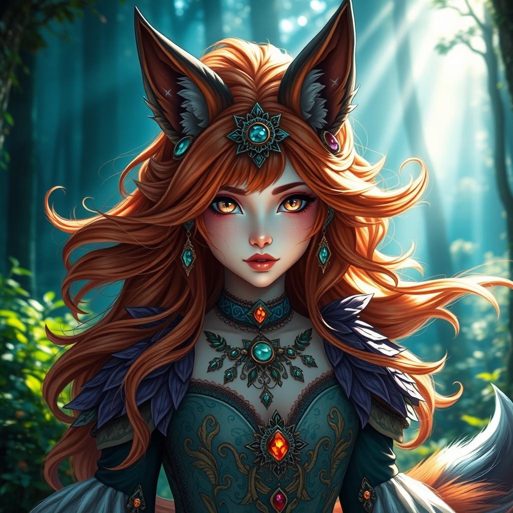 A visually captivating daemon fox girl in high resolution, set in a mystical, enchanted forest