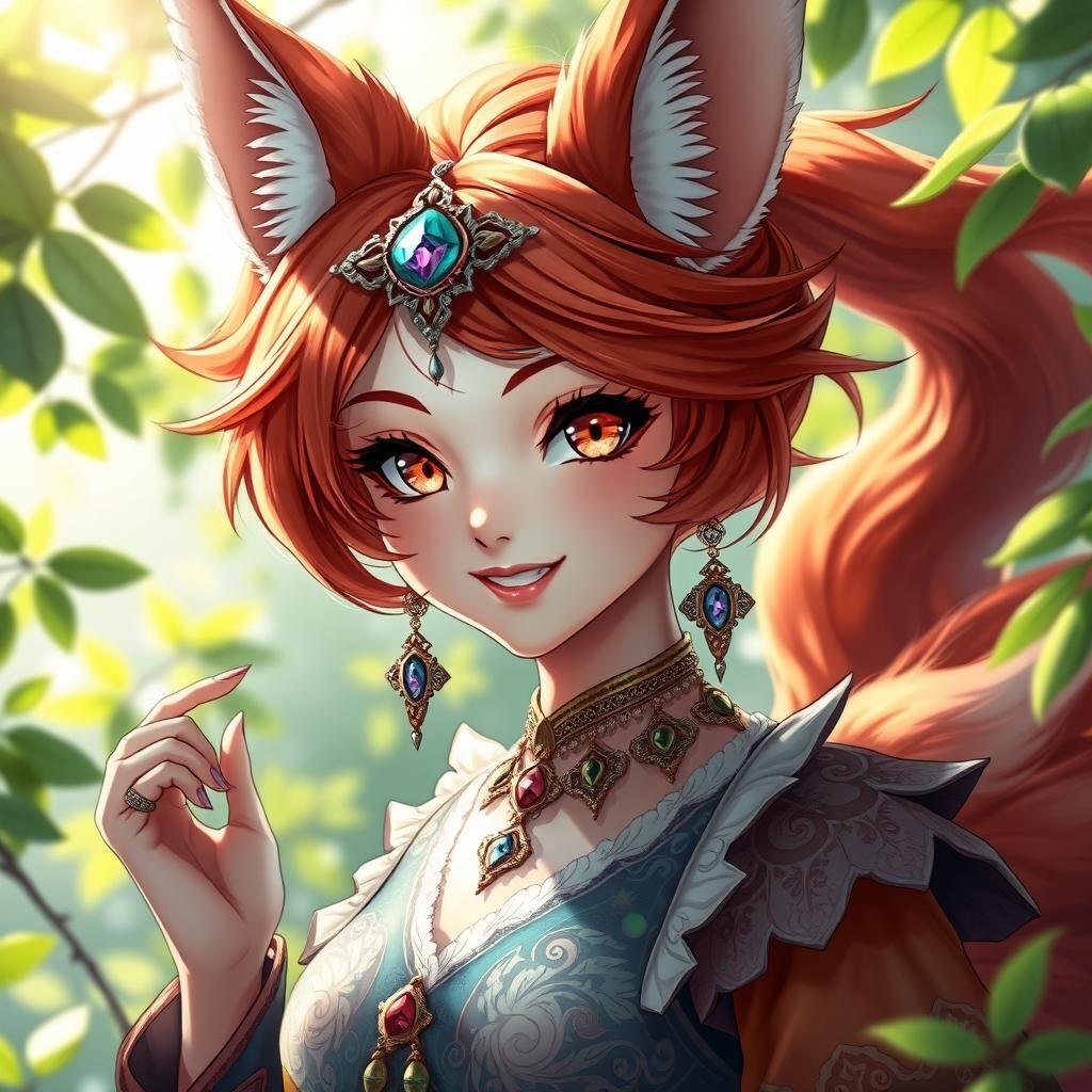 A daemon fox girl with a charming smile in high resolution, set in a mystical, dreamlike landscape