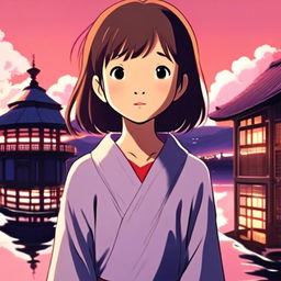 Profile picture featuring Chihiro from 'Spirited Away' with the magical bathhouse in the background under a twilight sky.