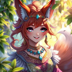 A daemon fox girl with a charming smile in high resolution, set in a mystical, dreamlike landscape