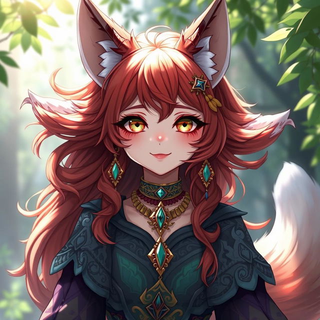 A daemon fox girl with a charming smile in high resolution, set in a mystical, dreamlike landscape