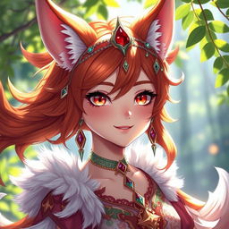 A daemon fox girl with a charming smile in high resolution, set in a mystical, dreamlike landscape