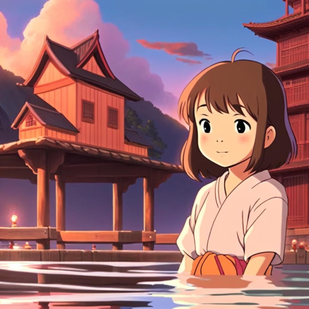 Profile picture featuring Chihiro from 'Spirited Away' with the magical bathhouse in the background under a twilight sky.