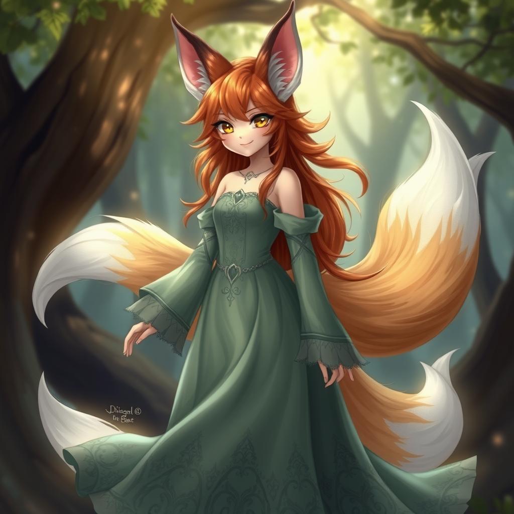 A charming daemon fox girl with a captivating smile, wearing a long, elegantly flowing dress in a mystical setting