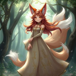 A charming daemon fox girl with a captivating smile, wearing a long, elegantly flowing dress in a mystical setting