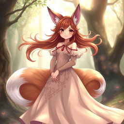 A charming daemon fox girl with a captivating smile, wearing a long, elegantly flowing dress in a mystical setting