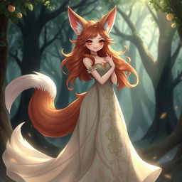 A charming daemon fox girl with a captivating smile, wearing a long, elegantly flowing dress in a mystical setting