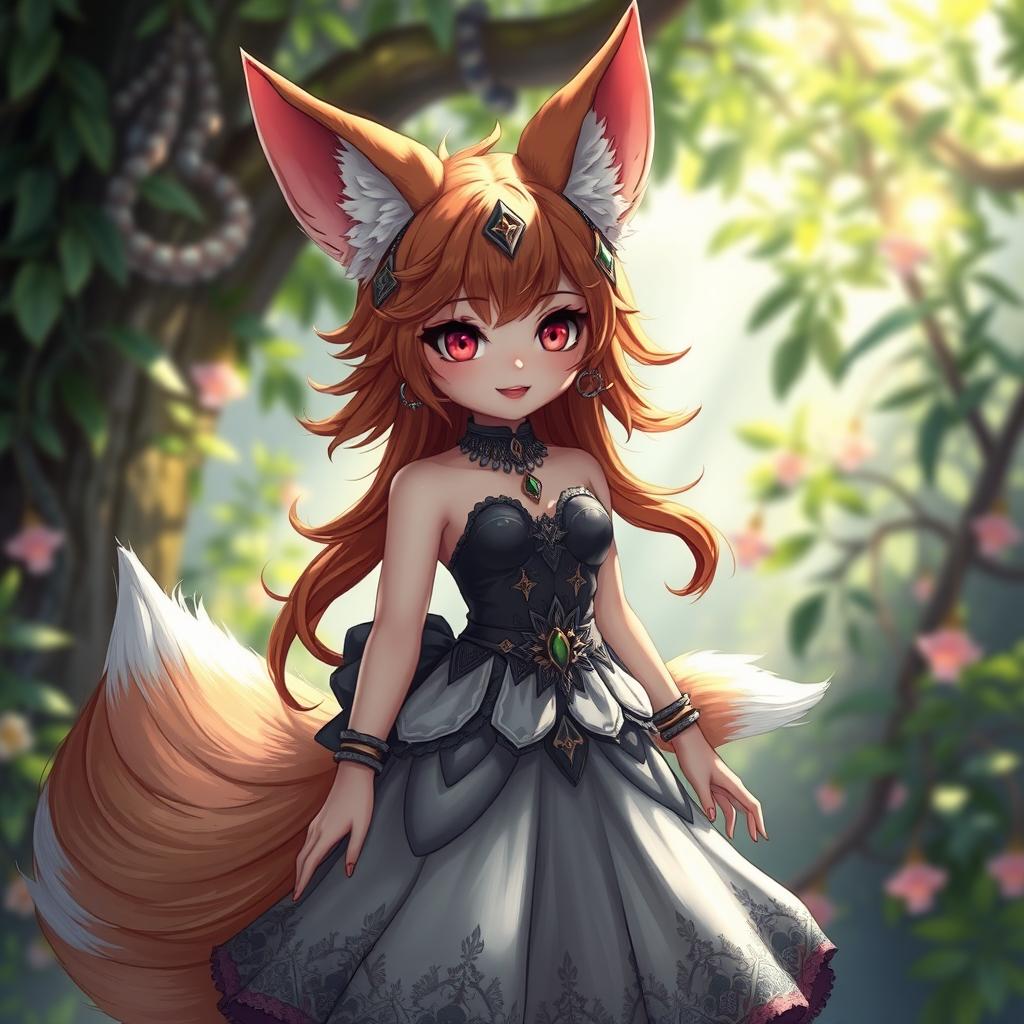 A charming daemon fox girl with a captivating smile, wearing a stylish skirt in a mystical setting