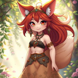 A charming daemon fox girl with a captivating smile, wearing a stylish skirt in a mystical setting