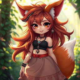 A charming daemon fox girl with a captivating smile, wearing a stylish skirt in a mystical setting