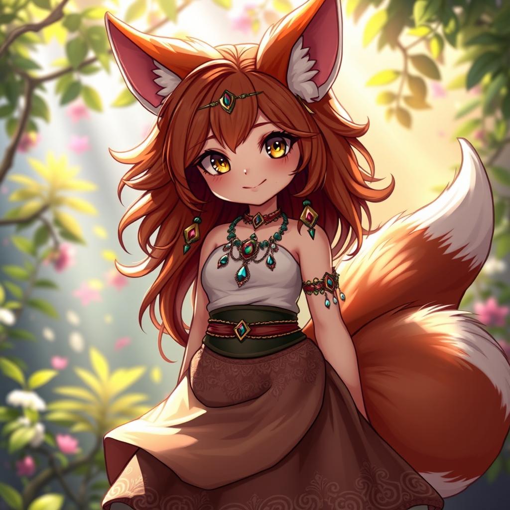 A charming daemon fox girl with a captivating smile, wearing a stylish skirt in a mystical setting