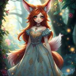 A daemon fox girl with a captivating smile, standing gracefully in a beautifully crafted dress