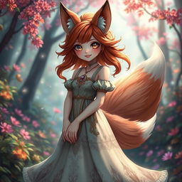 A daemon fox girl with a captivating smile, standing gracefully in a beautifully crafted dress