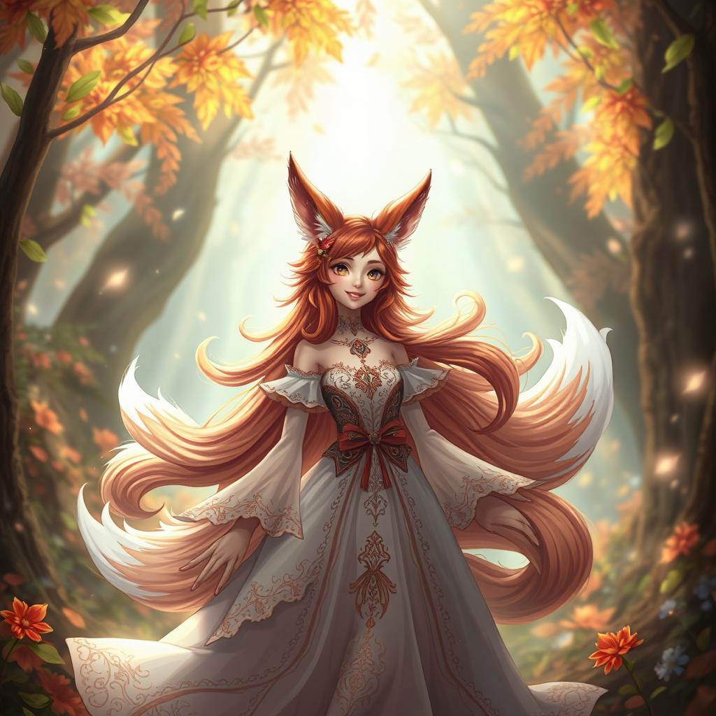 A daemon fox girl with a captivating smile, standing gracefully in a beautifully crafted dress