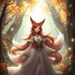 A daemon fox girl with a captivating smile, standing gracefully in a beautifully crafted dress