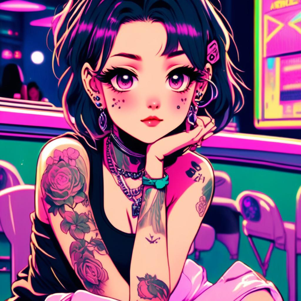 Anime art of an exceptionally beautiful grunge girl with face tattoos and a glowing outline, sitting in a vintage laundromat against a hyper-vibrant neon Tokyo backdrop.