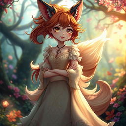 A daemon fox girl with a captivating smile, standing gracefully in a beautifully crafted dress