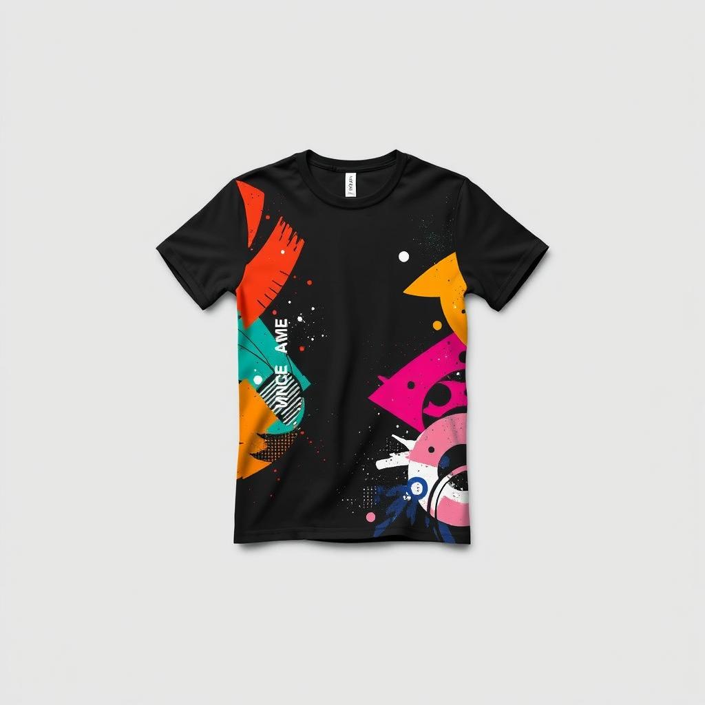 A fashionable t-shirt on a plain backdrop, showcasing a dynamic, colorful design