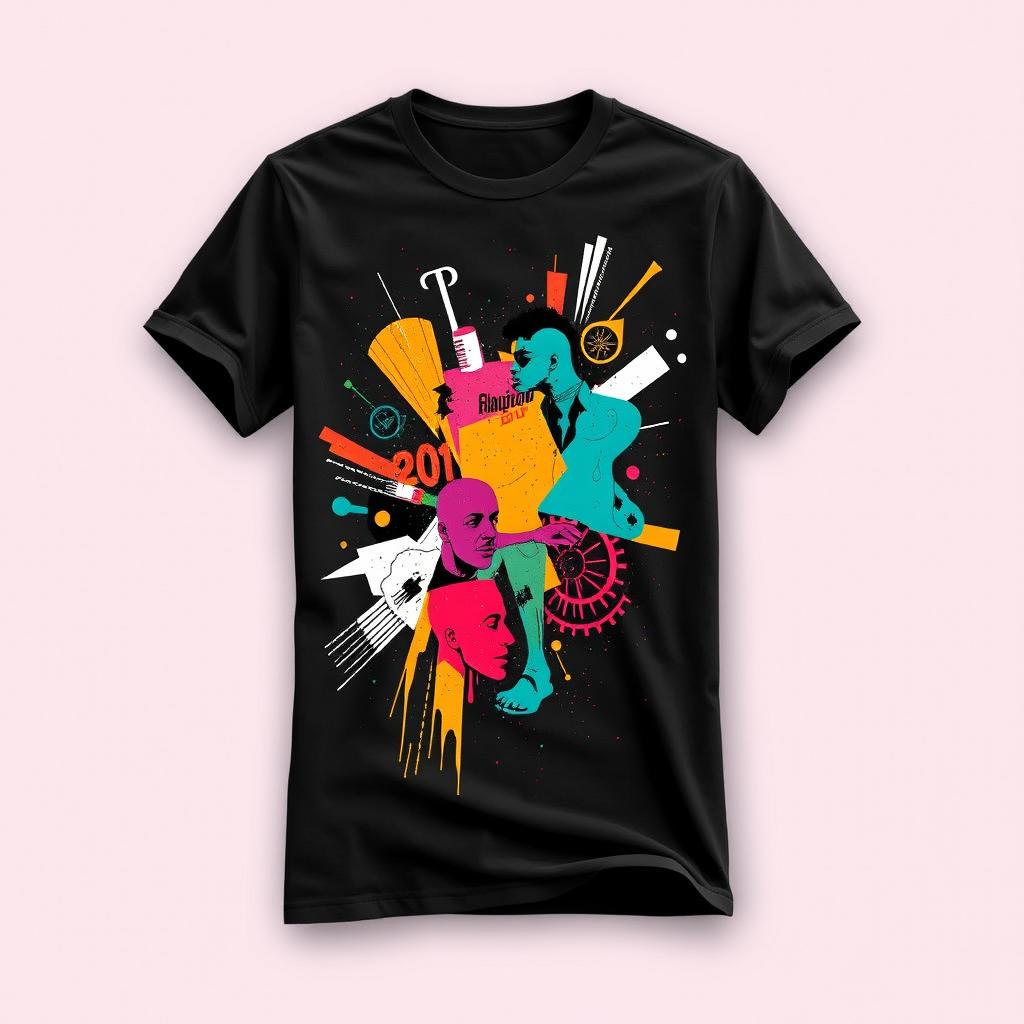 A fashionable t-shirt on a plain backdrop, showcasing a dynamic, colorful design