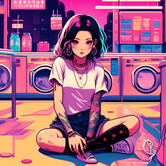 Anime art of an exceptionally beautiful grunge girl with face tattoos and a glowing outline, sitting in a vintage laundromat against a hyper-vibrant neon Tokyo backdrop.