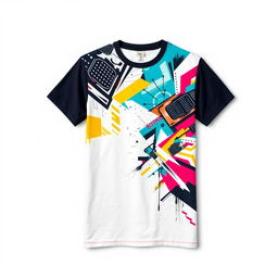 A fashionable t-shirt on a plain backdrop, showcasing a dynamic, colorful design