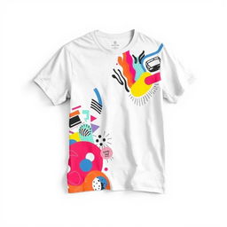 A fashionable t-shirt on a plain backdrop, showcasing a dynamic, colorful design