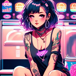 Anime art of an exceptionally beautiful grunge girl with face tattoos and a glowing outline, sitting in a vintage laundromat against a hyper-vibrant neon Tokyo backdrop.