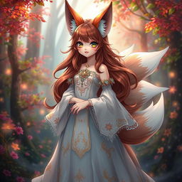 A daemon fox girl with a captivating smile, standing gracefully in a beautifully crafted dress