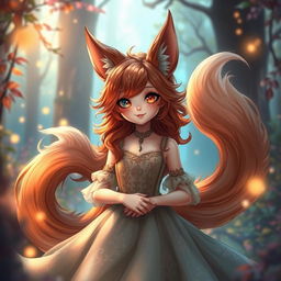 A daemon fox girl with a captivating smile, standing gracefully in a beautifully crafted dress