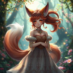 A daemon fox girl with a captivating smile, standing gracefully in a beautifully crafted dress