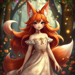 A daemon fox girl with a captivating smile, standing gracefully in a beautifully crafted dress