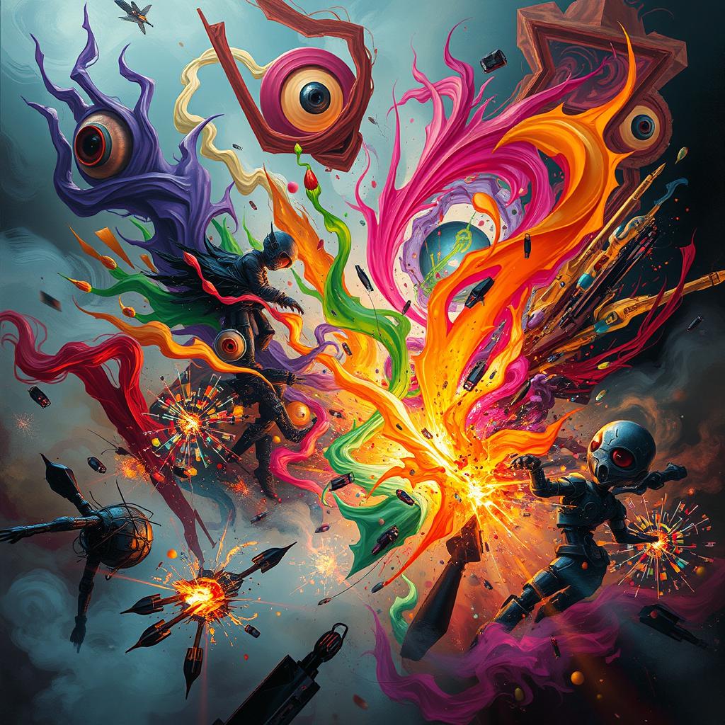 a chaotic scene featuring vibrant, swirling colors and dynamic forms, abstract patterns blending with sharp, contrasting shapes, all set against a background of swirling mist