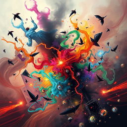 a chaotic scene featuring vibrant, swirling colors and dynamic forms, abstract patterns blending with sharp, contrasting shapes, all set against a background of swirling mist