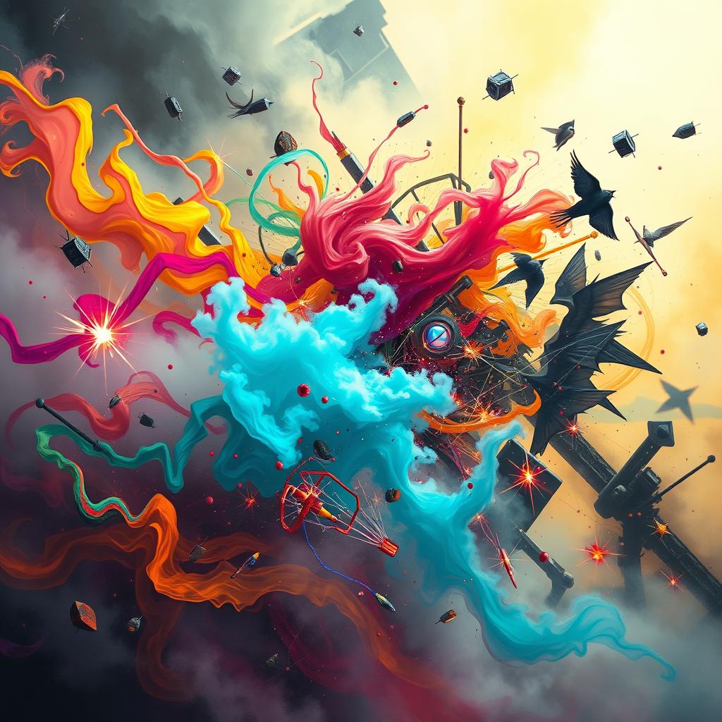 a chaotic scene featuring vibrant, swirling colors and dynamic forms, abstract patterns blending with sharp, contrasting shapes, all set against a background of swirling mist