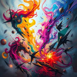 a chaotic scene featuring vibrant, swirling colors and dynamic forms, abstract patterns blending with sharp, contrasting shapes, all set against a background of swirling mist