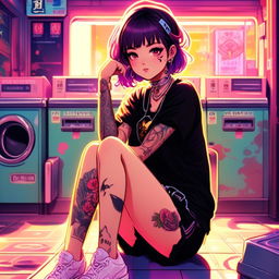 Anime art of an exceptionally beautiful grunge girl with face tattoos and a glowing outline, sitting in a vintage laundromat against a hyper-vibrant neon Tokyo backdrop.