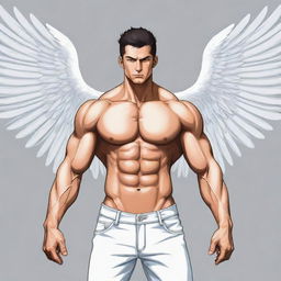 A muscular anime man with angelic wings displayed bravely, presented in vector style.