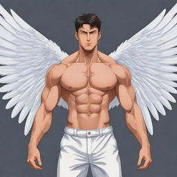 A muscular anime man with angelic wings displayed bravely, presented in vector style.