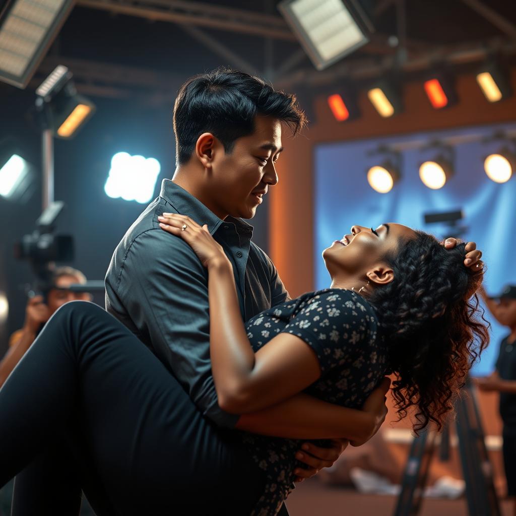 An Asian man holding a black woman in a dramatic and romantic scene, as if she almost fell to the ground, with a movie set in the background